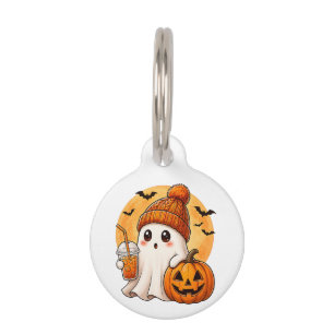 Ghost Drinking Iced Coffee with Pumpkin Halloween Pet ID Tag