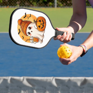 Ghost Drinking Iced Coffee with Pumpkin Halloween Pickleball Paddle