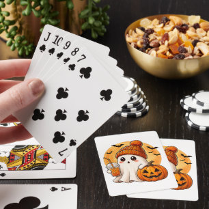 Ghost Drinking Iced Coffee with Pumpkin Halloween Poker Cards