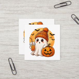 Ghost Drinking Iced Coffee with Pumpkin Halloween Square Business Card