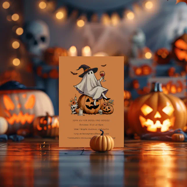 Ghost Drinking Wine Booze Friend Halloween Party Invitation Zazzle