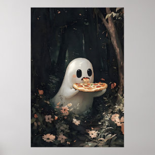 Ghost Eating Pizza Print, Halloween Cottagecore Poster