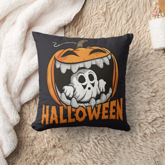 Ghost emerging from a giant Halloween pumpkin Throw Pillow (Blanket)