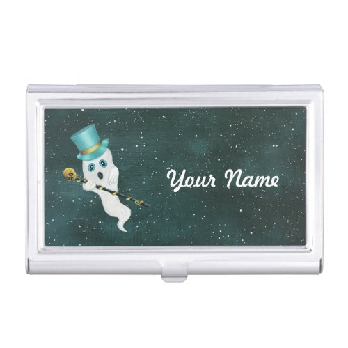 Ghost Floating in Night Sky Top Hat Skull Cane Business Card Case