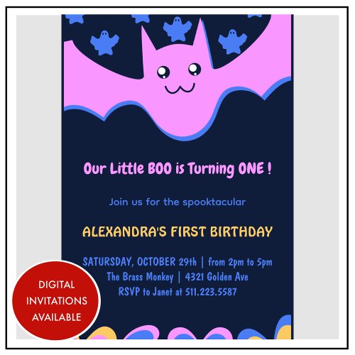 Ghost Flying bat Little boo Halloween 1st Birthday Invitation