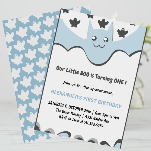 Ghost Flying bat Little boo Halloween 1st Birthday Invitation