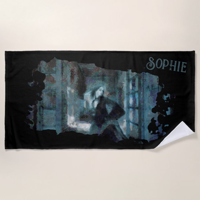 Ghost Girl in Blue – Haunting Surreal Art Beach Towel (Front)