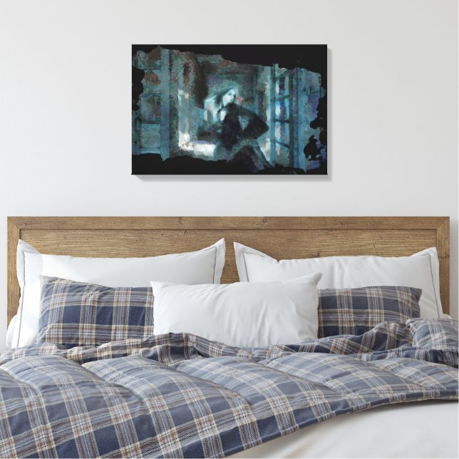 Ghost Girl in Blue – Haunting Surreal Art Canvas Print (Insitu(Bedroom))