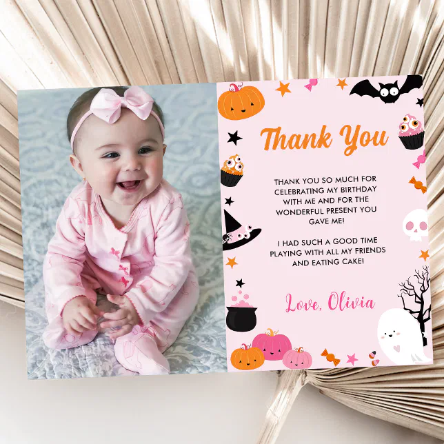 Ghost Halloween Birthday Pink Photo Thank You Card | Zazzle