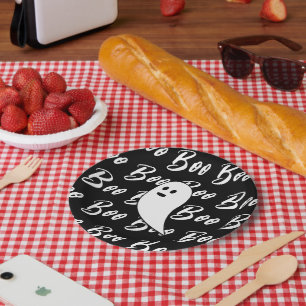 Ghost Halloween Black and White boo text pattern Paper Plates