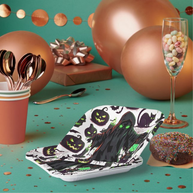 Ghost Halloween Black Paper Plates (Multi)