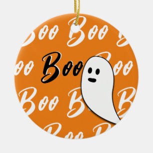 Ghost Halloween black white orange boo Ceramic Ornament