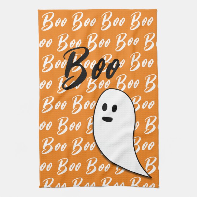 Ghost Halloween black white orange boo Kitchen Towel (Vertical)