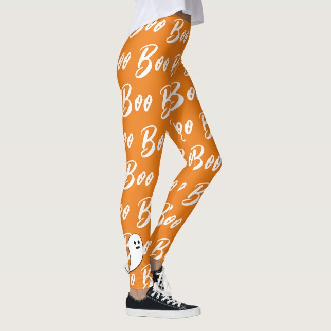 Ghost Halloween black white orange boo Leggings (Right)