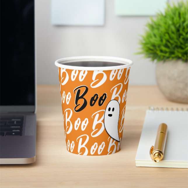 Ghost Halloween black white orange boo Paper Cups (Insitu)