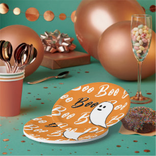 Ghost Halloween black white orange boo Paper Plates