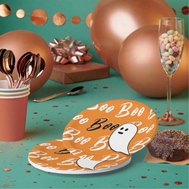 Ghost Halloween black white orange boo Paper Plates (Multi)