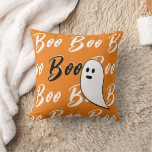 Ghost Halloween black white orange boo Throw Pillow