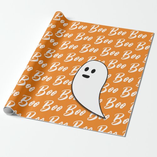 Ghost Halloween black white orange boo Wrapping Paper