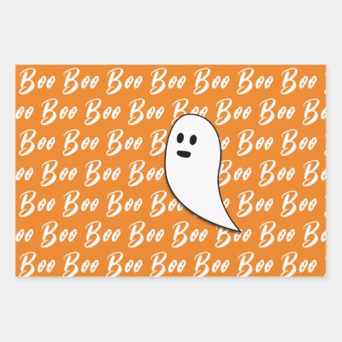 Ghost Halloween black white orange boo Wrapping Paper Sheets