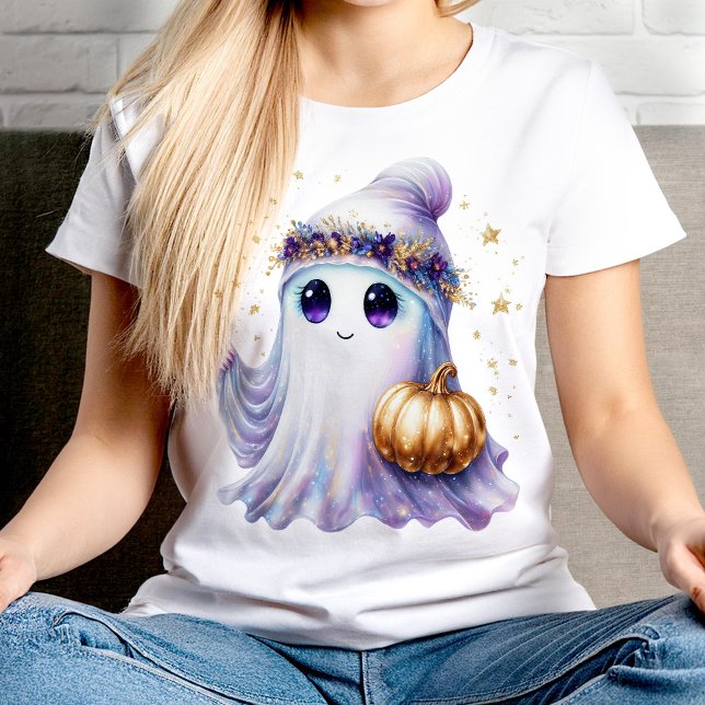 Ghost Halloween Cute Lavendar Purple Bougie T-Shirt (neon pink lavender fuchsia purple bougie electric bright Light Violet ghost in a wreath golden pump)