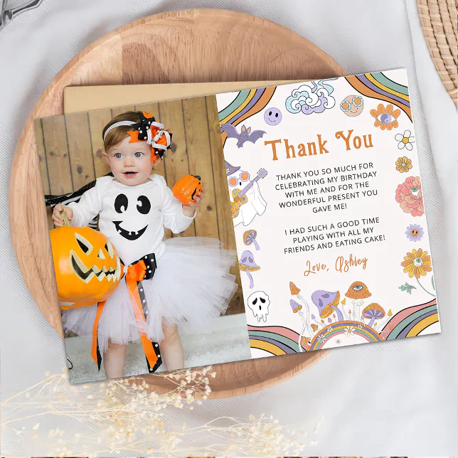 Ghost Halloween Groovy Birthday Photo Thank You Card | Zazzle