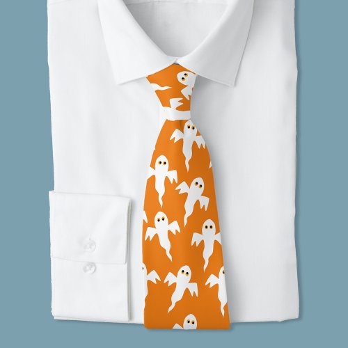 Ghost Halloween Orange Neck Tie