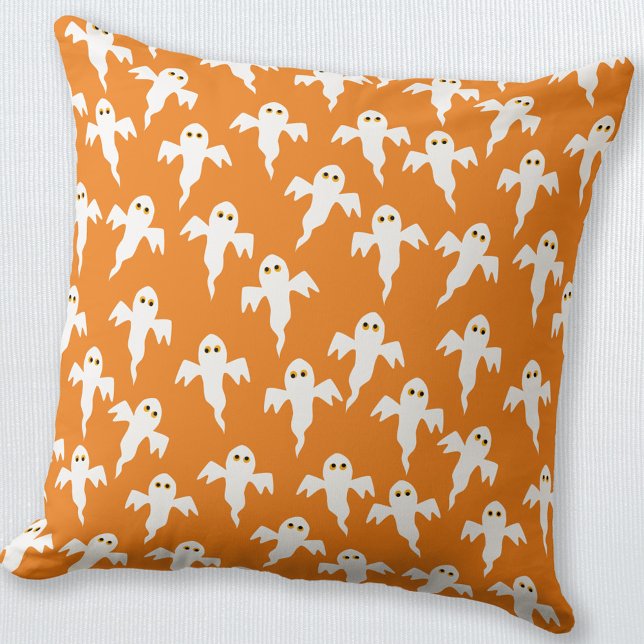 Ghost Halloween Orange Throw Pillow (Fun little ghosts orange and white throw pillow, perfect for Halloween decor)