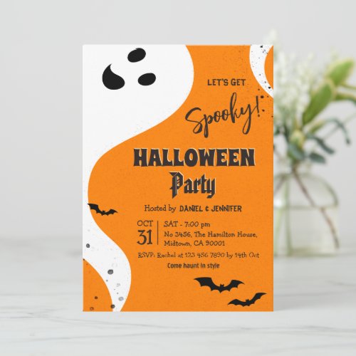 Ghost Halloween Party Let's Get Spooky Orange Bat Invitation