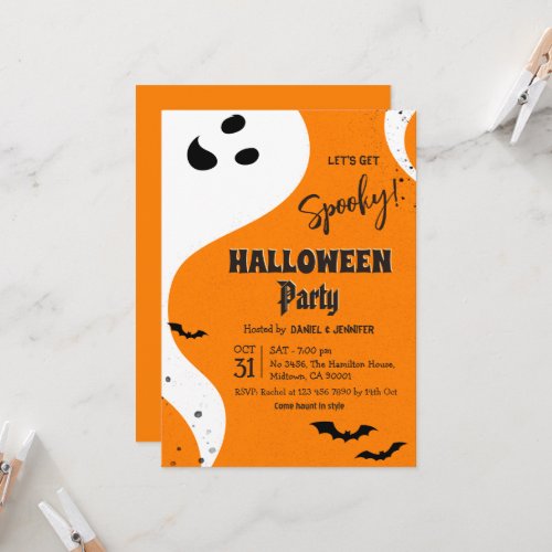 Ghost Halloween Party Let's Get Spooky Orange Bat Invitation