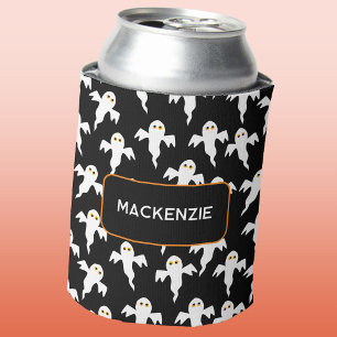 Ghost Halloween Personalized Black and White Can Cooler