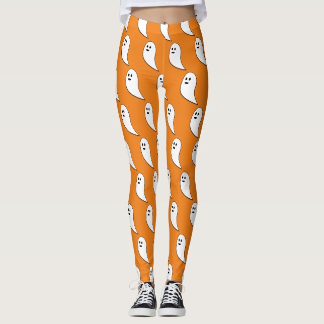 Ghost Halloween white cute pattern orange Leggings (Front)
