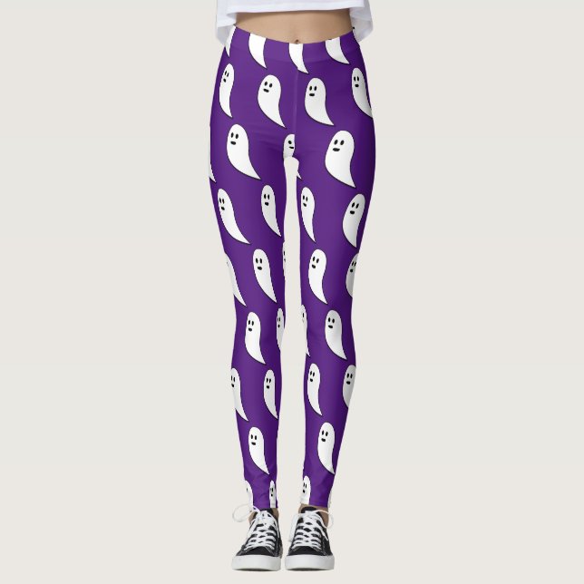Ghost Halloween white cute pattern purple Leggings (Front)