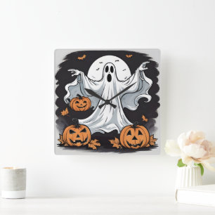 Ghost haunting pumpkins on Halloween Square Wall Clock