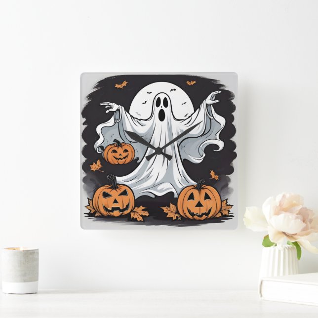 Ghost haunting pumpkins on Halloween Square Wall Clock (Home)