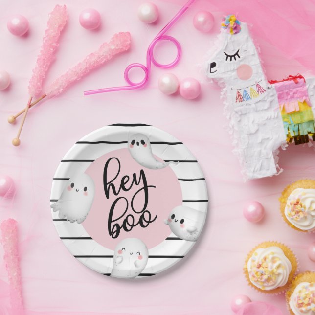 Ghost Hey Boo Pastel Pink Halloween Birthday  Paper Plates (Party)
