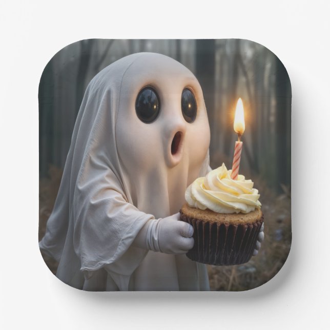 Ghost Holding a Birthday Cupcake Paper Plates (Front)