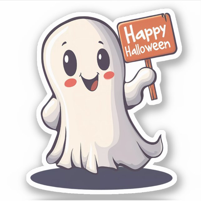 Ghost Holding a Happy Halloween Sign Sticker (Front)