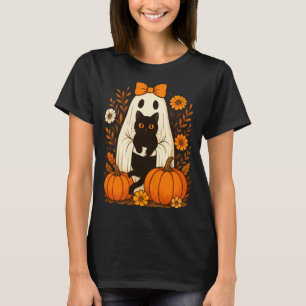 Ghost Holding Black Cat Cute Ghost Groovy Floral T-Shirt