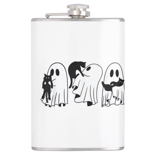 Ghost Holding Black Cat Funny Halloween Cat Lovers Flask (Front)