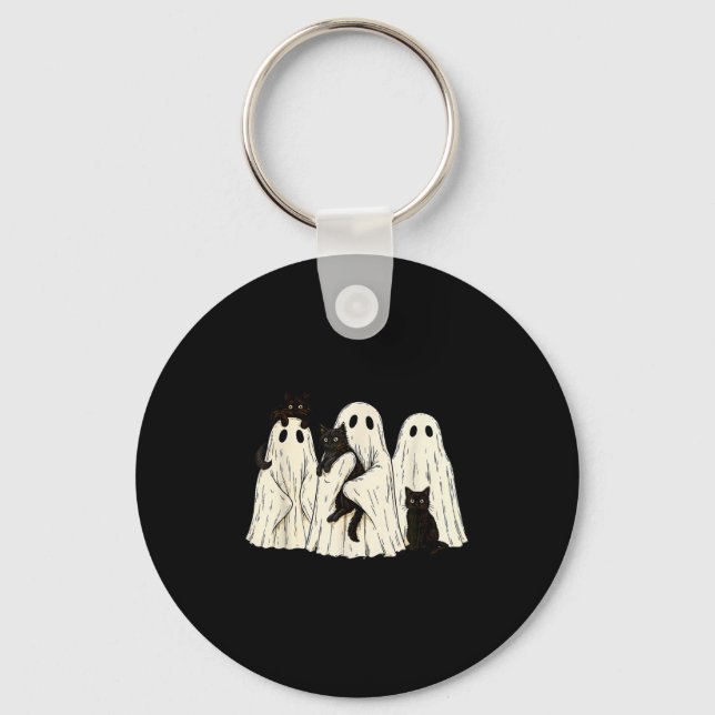 Ghost Holding Black Cat Funny Halloween Cat Lovers Keychain (Front)