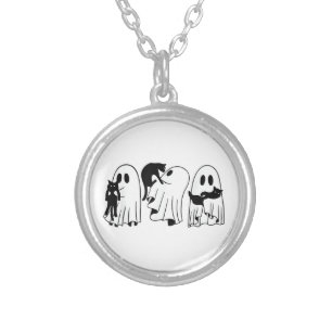 Ghost Holding Black Cat Funny Halloween Cat Lovers Silver Plated Necklace