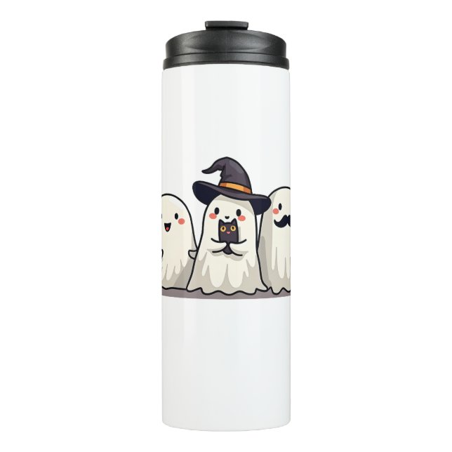Ghost Holding Black Cat Funny Halloween Cat Lovers Thermal Tumbler (Front)