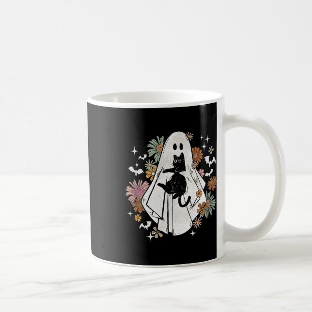 Ghost Holding Black Cat Groovy Floral Halloween Go Coffee Mug (Right)