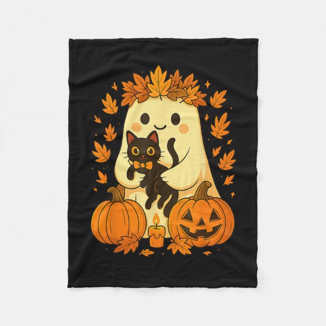 Ghost Holding Black Cat Halloween Pumpkins Autumn  Fleece Blanket (Front)
