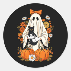 Ghost Holding Black Cat Pumpkin Floral Halloween Classic Round Sticker