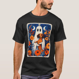 Ghost Holding Dachshund Spooky Tarot Card Fall Hal T-Shirt