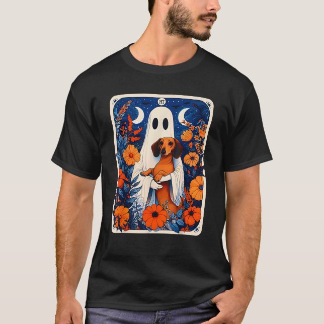Ghost Holding Dachshund Spooky Tarot Card Fall Hal T-Shirt (Front)
