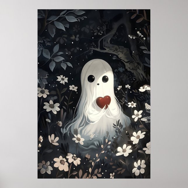 Ghost holding heart in flower woods print (Front)