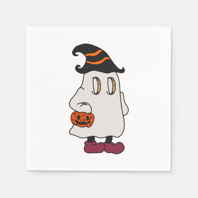 Ghost holding pumpkin and wearing witch hat napkins (Front)